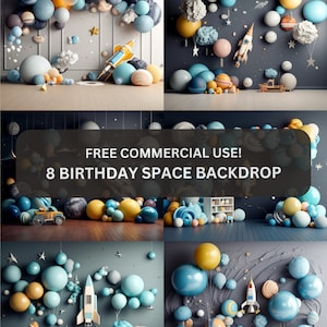 Puede incluir: Ocho fondos digitales con temática espacial con globos azules, amarillos y blancos, estrellas y cohetes. ¡USO COMERCIAL GRATIS! 8 FONDO DE ESPACIO DE CUMPLEAÑOS