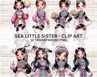 SEA Little Sister 12 Transparent PNG files Watercolor Digital Download Inspired Hmong Lao Thai Hill Tribe Lahu Women beautiful - 1332