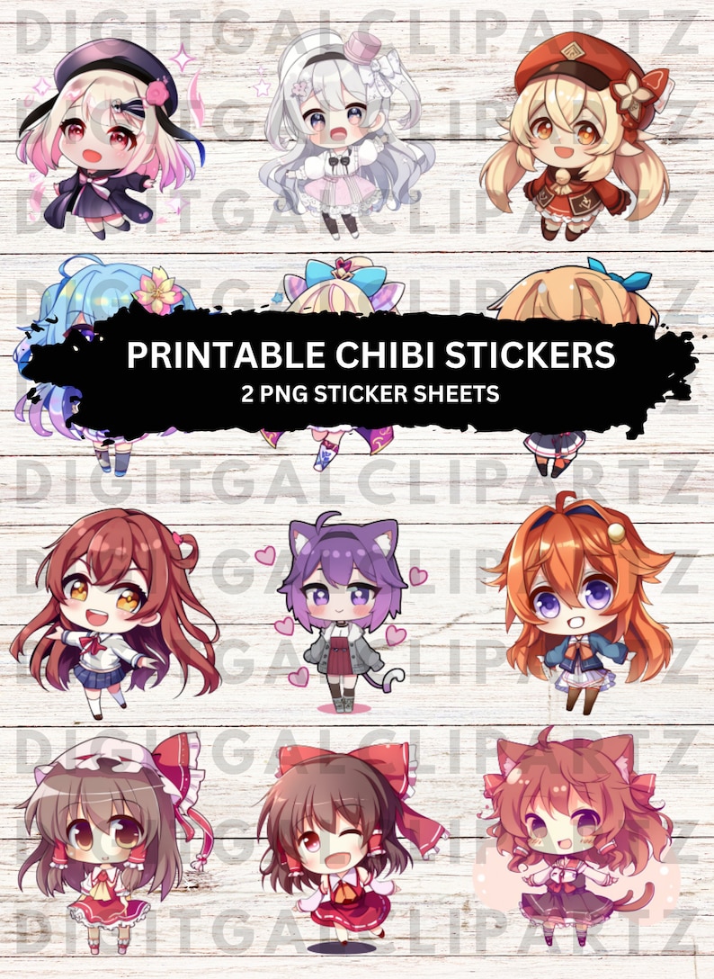 Cute Chibi Anime Girls Printable Stickers PNG Download Digital Designs ...