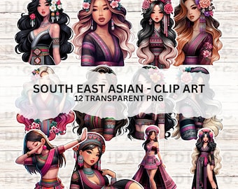 South East Asian - 12 Transparent PNG files Digital Download Cute Hmong Lao Thai Hill Tribe Lahu Women beautiful Stickers - 1301