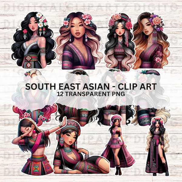 South East Asian - 12 Transparent PNG files Digital Download Cute Hmong Lao Thai Hill Tribe Lahu Women beautiful Stickers - 1301