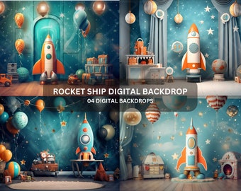May include: Four digital backdrops featuring a rocket ship, balloons, stars, and other space-themed decorations. The backdrops are perfect for creating a fun and festive atmosphere for a birthday party or other special event.