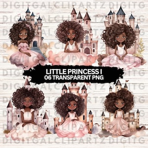 Watercolor Little Princess I Clip Art- 06 Transparent PNG files - Digital Download - Little Princess Melanin Princess Castle - 1171