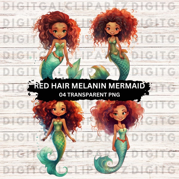 Red hair Melanin Mermaid/Black Girl Magic II - 04 Transparent PNG files - Digital Download - Graphics Download - Little Mermaid - 1223