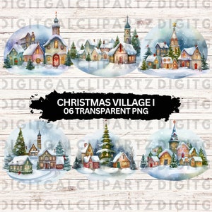 Watercolor Christmas Village I Clip Art- 06 Transparent PNG files - Digital Download - Christmas Village, Snow Village, Winter - 1161