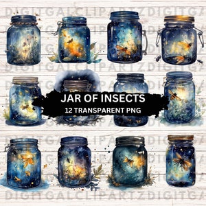 Op de afbeelding: Twaalf digitale clipart-afbeeldingen van glazen potten met een galaxie-achtergrond en verschillende insecten erin. De potten staan op een witte houten achtergrond. De tekst "JAR OF INSECTS 12 TRANSPARENT PNG" staat onderaan de afbeelding.
