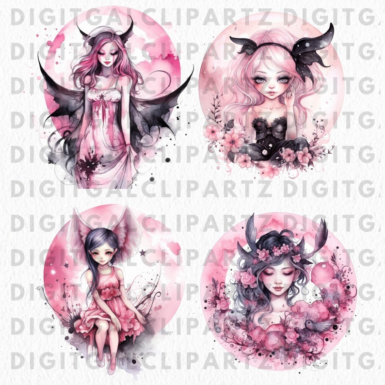 Watercolor Pink Gothic Fairy Clip Art II- 12 Transparent PNG Files ...