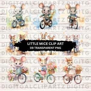 Petites souris Clip Art - 09 fichiers PNG transparents-téléchargement numérique - souris mignonnes sur des vélos voyageant souris Clip Art - 1279