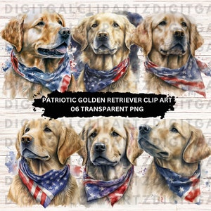 Watercolor Patriotic Golden Retriever Clip Art- 06 Transparent PNG files - Digital Download -  Patriotic Golden Retriever - 1114
