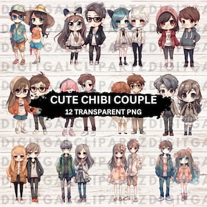 Kawaii Chibi Cute Couple Clip Art- 12 Transparent PNG files-Digital Download - Cute Anime Chibi Kawaii Couples Cartoon - 1126