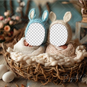 May include: Two babies wearing bunny hats are nestled in a woven basket with white blankets. The basket is surrounded by Easter eggs on a wooden surface.