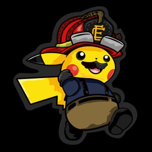 May include: A yellow cartoon creature with a black moustache wearing a red firefighter helmet with a gold emblem, a dark blue shirt with black braces, and tan trousers. The character has red cheek circles and a large yellow lightning bolt tail.