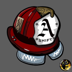 May include: A red firefighter helmet with a white shield displaying a black "A" and the word "SHIFT". The helmet has a brown leather brim and a gray chin strap. The image includes the text "EL CHUCO FIRE DEPT" in a circular logo.