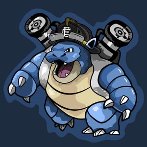 May include: A blue, bipedal creature with a cream-coloured underbelly and two large cannons mounted on its back. The creature wears a black firefighter helmet with a white emblem on the front and has its mouth open, revealing sharp teeth.