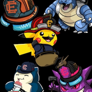 Puede incluir: Una ilustración digital que muestra cinco criaturas de dibujos animados vestidas de bomberos. Los personajes incluyen un dragón naranja, una tortuga azul con cañones, un ratón amarillo con bigote, una criatura azul grande con una bebida y un fantasma morado.