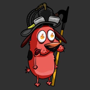 Op de afbeelding: Cartoon illustratie van Moed de Laffe Hond. De roze hond heeft grote, vurige ogen, een zwarte vlek en draagt een hoed met een bril. Hij houdt een gele en zwarte staf vast, tegen een donkergrijze achtergrond.