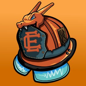 May include: A graphic illustration of an orange dragon-like creature biting into a brown hard hat. The hat features a dark blue shield-shaped patch with a large orange letter E in the centre and a rectangular brown patch on the side.