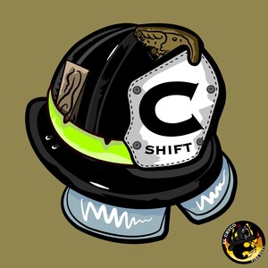 May include: Illustration of a black firefighter helmet with a white and gray shield featuring the letter "C" and the word "SHIFT". The helmet has a neon green stripe and a brown leather strap. The image includes a logo of a skull wearing a firefighter helmet.