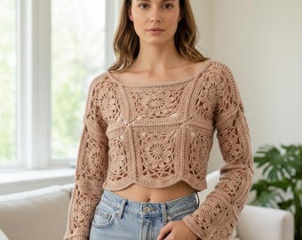 Minimalist Crochet Sweater Pattern, Cornflower Pullover Tutorial, Unisex Crochet Top PDF, Granny Square Blouse, Handmade Clothes Pattern