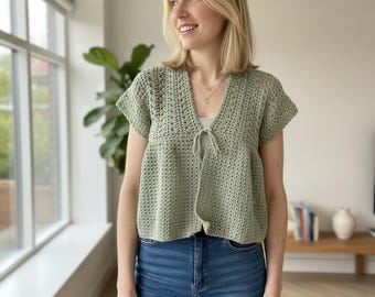 Tutorial de ganchillo para cárdigan Gia en PDF, patrón ilustrado de blusa de ganchillo, top inclusivo en tallas, prenda de ganchillo ideal para principiantes.