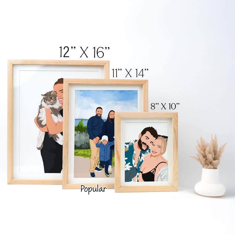 May include: Three different sizes of framed illustrations. The largest frame is 12 inches by 16 inches, the middle frame is 11 inches by 14 inches, and the smallest frame is 8 inches by 10 inches. The illustrations are of people and pets.