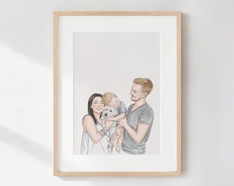 Può includere: Un'illustrazione digitale di un ritratto di famiglia che raffigura una persona con lunghi capelli scuri, una persona con capelli biondi corti, un bambino piccolo e un cane bianco, il tutto racchiuso in una cornice di legno chiaro con passepartout.
