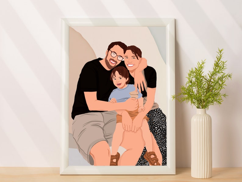 Ritratto di famiglia dei cartoni animati, regalo personalizzato per il trentesimo compleanno per lei, regalo personalizzato per la moglie, illustrazione senza volto dalla foto immagine 4