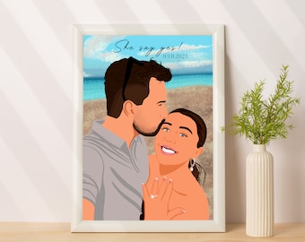 Portrait de couple personnalisé à partir d'une photo, cadeau de fiançailles personnalisé, cadeau de dernière minute pour elle, impression de portrait personnalisé