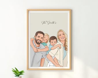 Custom Family Portrait Illustration, Cartoon Portrait, Personalized Gift, Hand-Drawn Portrait, Gift For Christmas, Digital Print