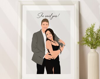 Portrait de couple personnalisé à partir d'une photo - Cadeau de fiançailles personnalisé - Cadeau de dernière minute pour elle / lui
