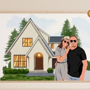 Aangepaste familieportret met huis, huis schilderij van foto, nieuw huis cadeau, housewarming cadeau, kerstcadeau, huis portret