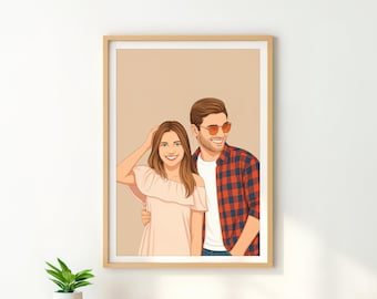 May include: A framed illustration of a smiling couple. The woman wears a light pink off-the-shoulder top, and the man wears a red and black plaid shirt and sunglasses. The background is a solid beige color.
