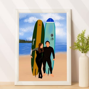 Personalisiertes Surferportrait, personalisiertes Geschenk für Surfer, Cartoon-Portrait vom Foto, gesichtsloser Portraitdruck, Geschenk für ihn, Abenteurer-Geschenk