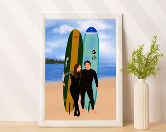 Personalisiertes Surferportrait, personalisiertes Geschenk für Surfer, Cartoon-Portrait vom Foto, gesichtsloser Portraitdruck, Geschenk für ihn, Abenteurer-Geschenk