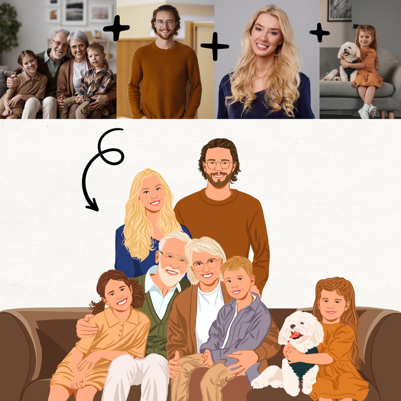 Benutzerdefinierte Familienporträt, Cartoon Porträt, Geschenk für Weihnachten, Gesichtsloser Porträtdruck, Familien Illustration, Porträt vom Foto Bild 5