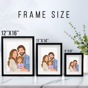 May include: Three black picture frames with white mats, showing a cartoon illustration of a family of three. The frames are labeled with their sizes: 12" x 16", 11" x 14", and 8" x 10".