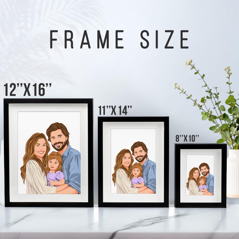 May include: Three black picture frames with white mats, showing a cartoon illustration of a family of three. The frames are labeled with their sizes: 12" x 16", 11" x 14", and 8" x 10".