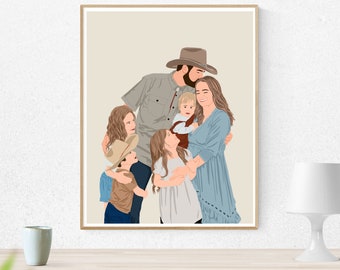 Aangepaste familieportret, cartoonportret, cadeau voor Kerstmis, gezichtsloze portretafdruk, familieillustratie, portret van foto