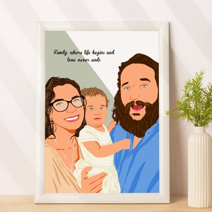 Retrato de dibujos animados a partir de una foto, regalo de aniversario personalizado para ella, retrato personalizado sin rostro, ilustración familiar, regalo personalizado