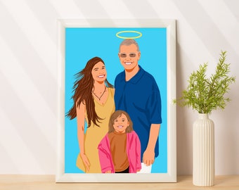 Personalisiertes Erinnerungsgeschenk, Karikaturporträt für Familie, Verlust des Vaters, gesichtsloses Porträt vom Foto, Gedenkporträt