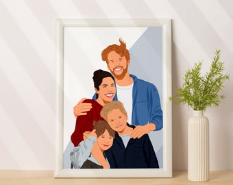 Illustration de famille personnalisée, portrait de dessin animé, cadeau personnalisé pour la famille, impression de portrait sans visage, portrait personnalisé à partir d'une photo