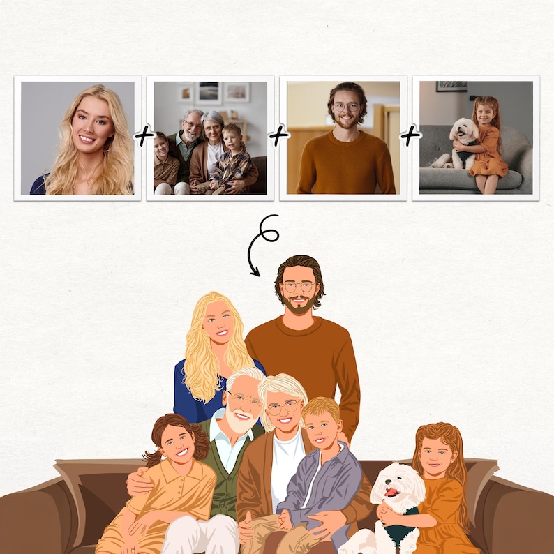 Cartoon Portrait, Custom Drawing, Family Illustration, Personalized Gift, Christmas Gift, Digital Print, Faceless Portrait from Photo image 6