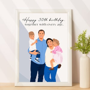 Ritratto di famiglia dei cartoni animati, regalo personalizzato per il trentesimo compleanno per lei, regalo personalizzato per la moglie, illustrazione senza volto dalla foto immagine 1