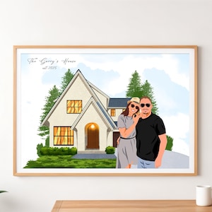 Aangepast huis portret illustratie, gepersonaliseerd cadeau voor nieuw huis, housewarmingcadeau, huis met familieportret, tekening van foto