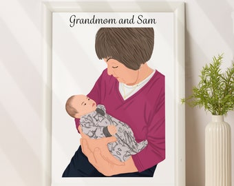 Portrait de famille personnalisé, cadeau grand-mère, cadeau personnalisé pour la fête des mères, illustration personnalisée, cadeau petits-enfants, art mural personnalisé, numérique