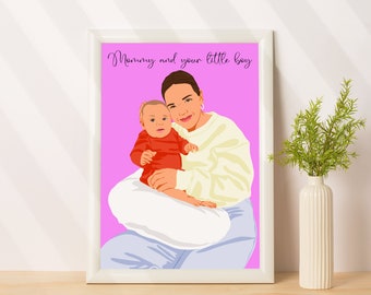 Portrait personnalisé de nouveau-né, portrait personnalisé pour la famille, cadeau de nouveau-né pour une nouvelle maman, idée cadeau pour la fête des mères, portrait de dessin animé