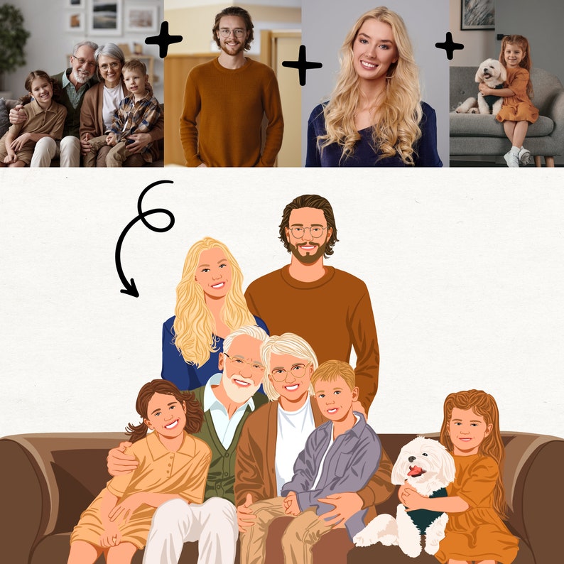 Portrait de famille, Illustration personnalisée, Cadeau personnalisé, Portrait de dessin animé, Impression de portrait sans visage, Illustration de famille, Portrait à partir d'une photo image 8