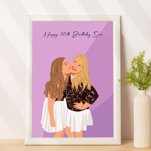 Retrato de mejor amiga de dibujos animados, regalo personalizado de cumpleaños número 30 para ella, regalo personalizado para mujeres, retrato sin rostro de la foto