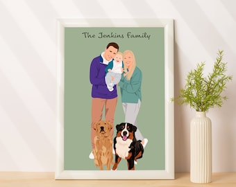 Custom Family Portrait With Pet, Personalized Gift For Family, Custom Illustration From Photo, Portrait With Dog, Custom Pet Painting
