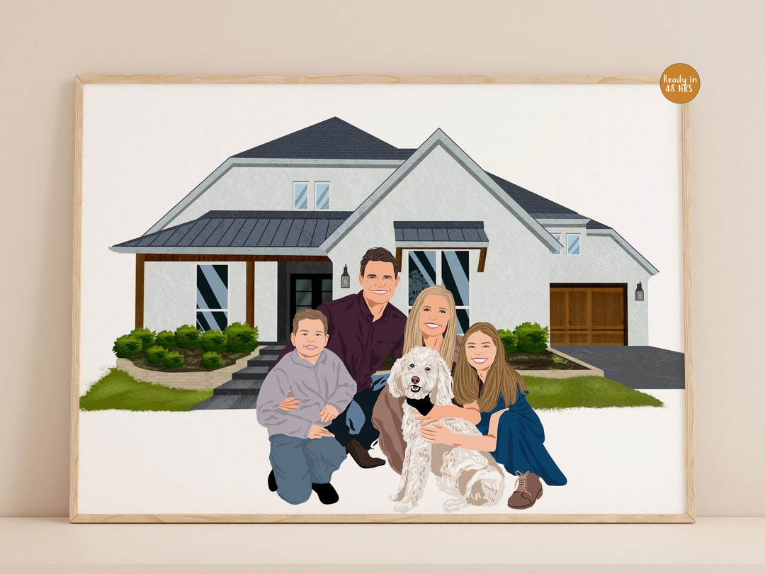 Personalized House Portrait, Family Portrait With House, New Home Gift ...